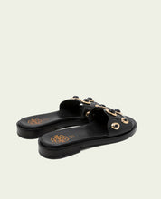 FLAT LEATHER SANDALS WITH CLEAR RHINESTONES BLACK