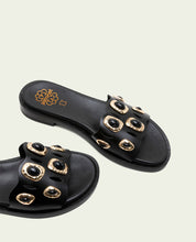 FLAT LEATHER SANDALS WITH CLEAR RHINESTONES BLACK