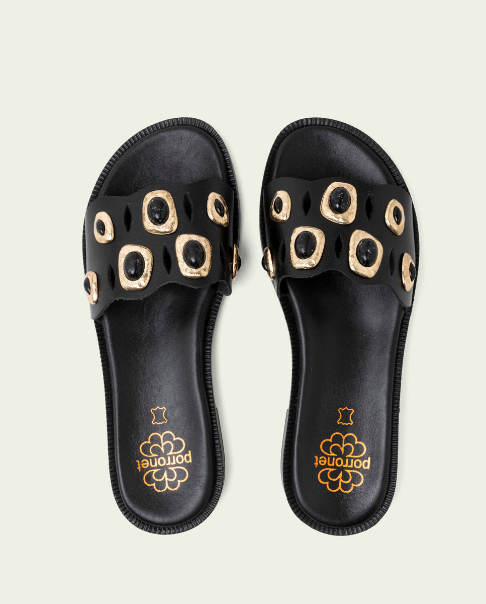 FLAT LEATHER SANDALS WITH CLEAR RHINESTONES BLACK