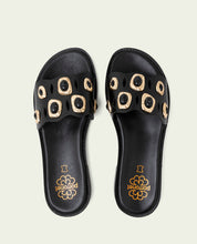 FLAT LEATHER SANDALS WITH CLEAR RHINESTONES BLACK