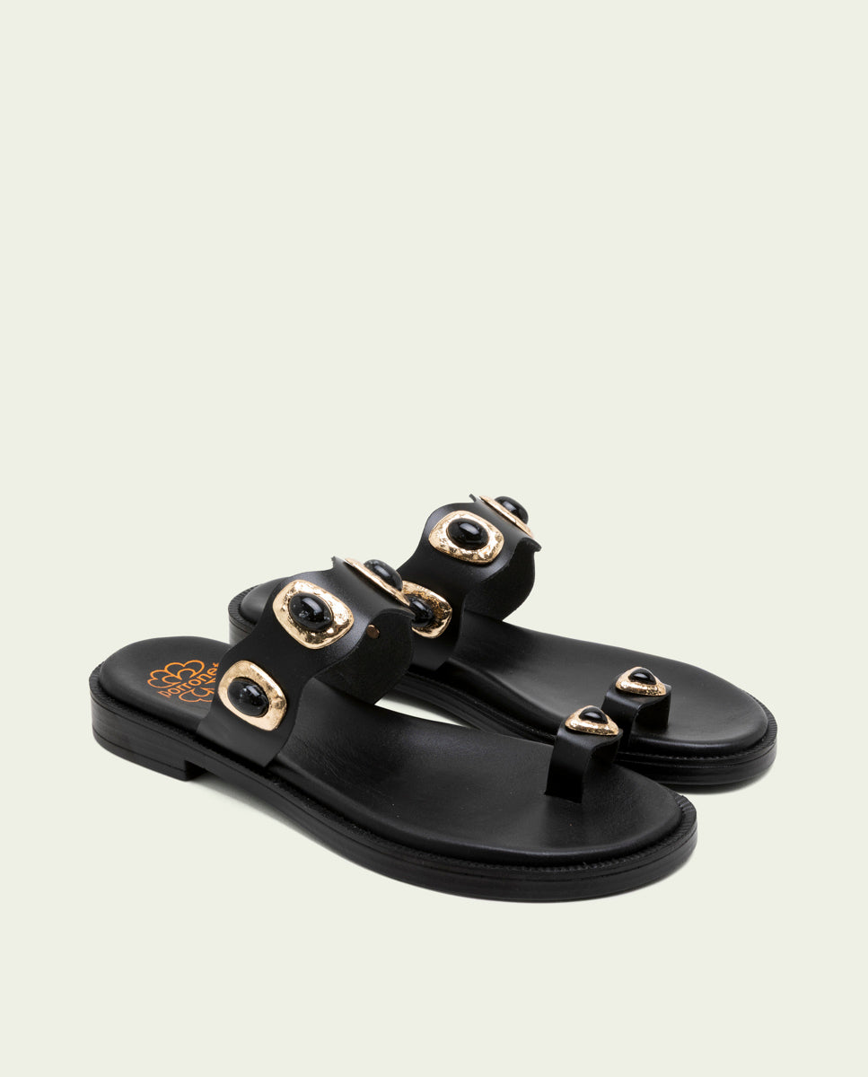 FLAT LEATHER SANDALS WITH LEATHER RHINESTONES CELINE MOCHA