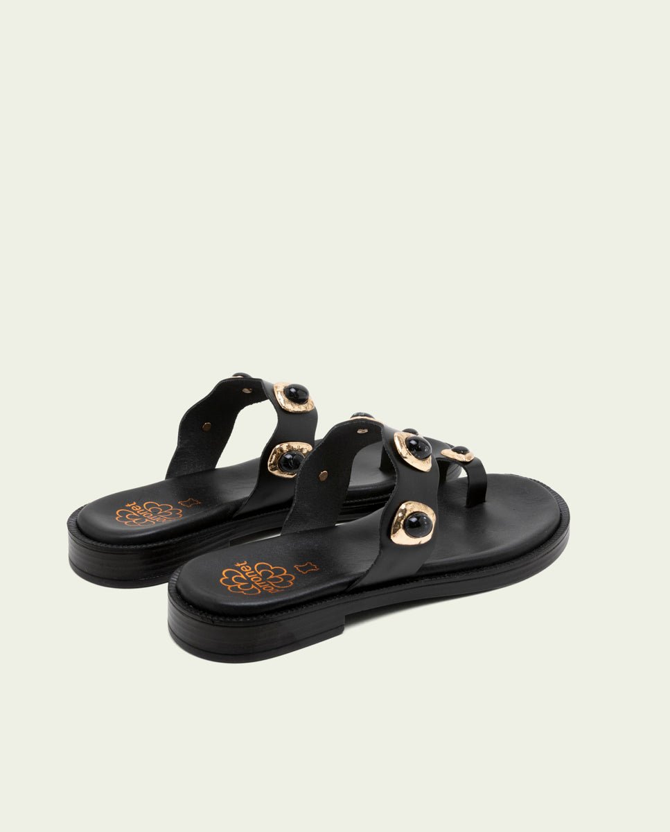 FLAT LEATHER SANDALS WITH LEATHER RHINESTONES CELINE MOCHA