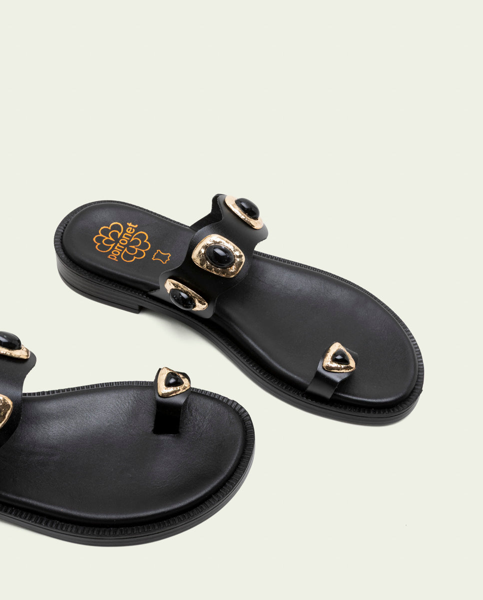 FLAT LEATHER SANDALS WITH LEATHER RHINESTONES CELINE MOCHA