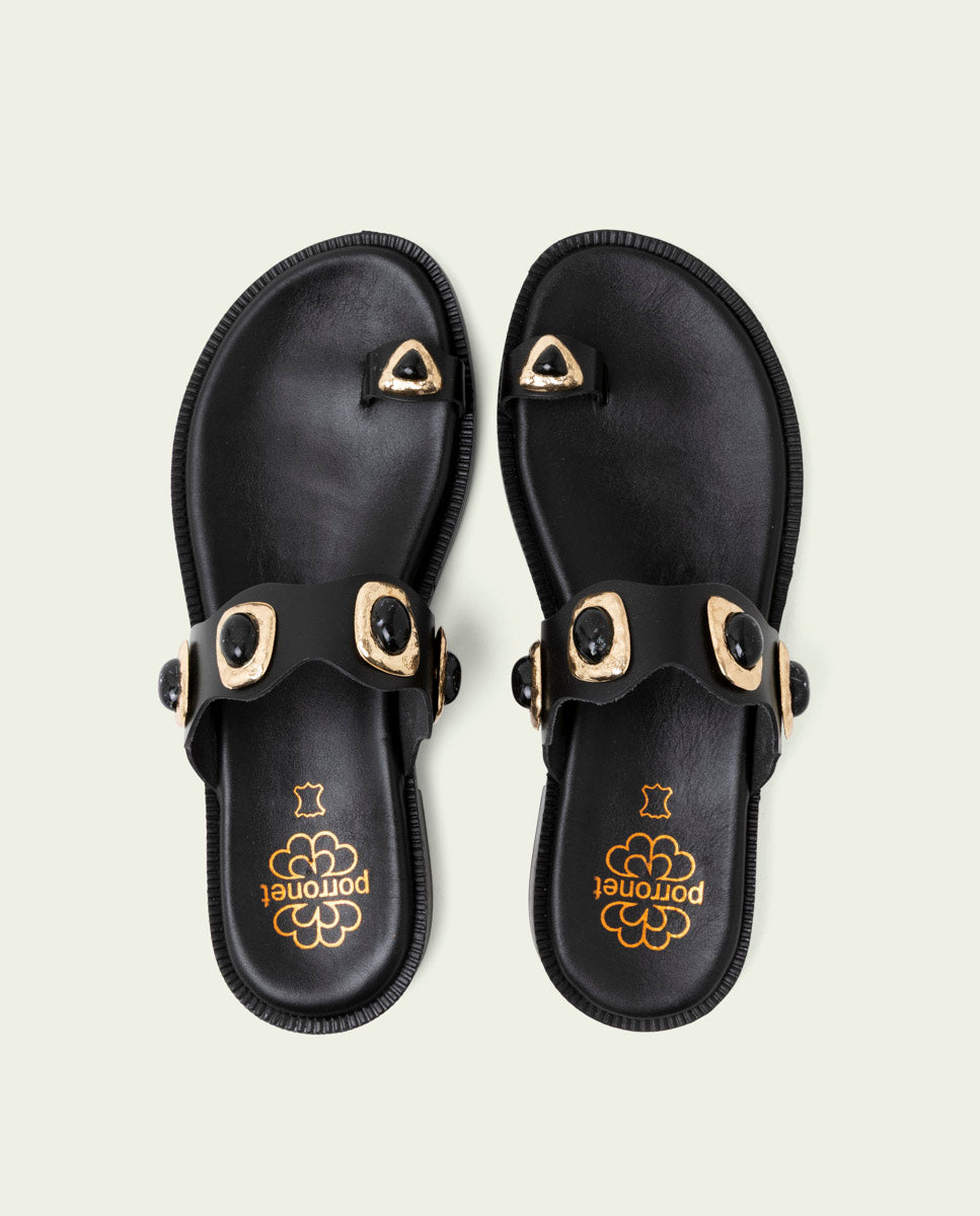FLAT LEATHER SANDALS WITH LEATHER RHINESTONES CELINE MOCHA