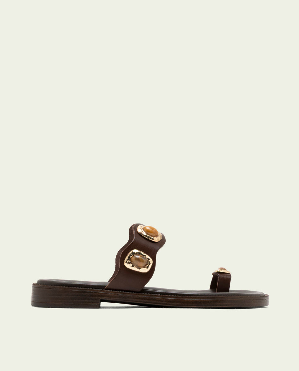 FLAT LEATHER SANDALS WITH CLEAR STRAPS MOCHA