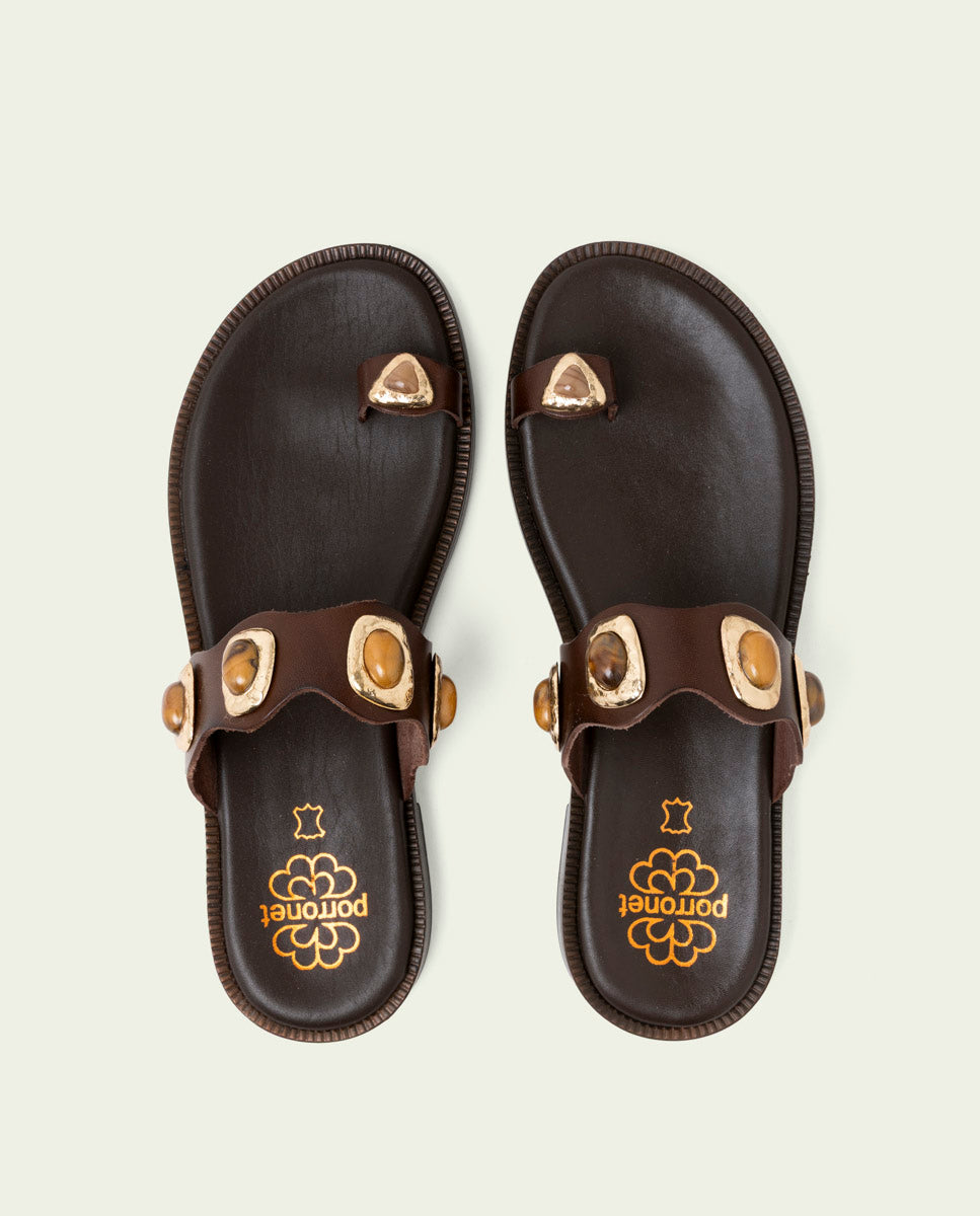 FLAT LEATHER SANDALS WITH CLEAR STRAPS MOCHA