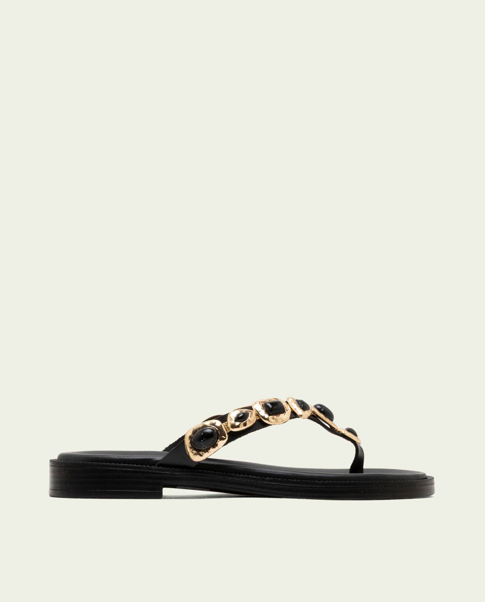 SANDALES PLATES EN CUIR ESCLAVA AVEC STRASS CARMEN NOIR