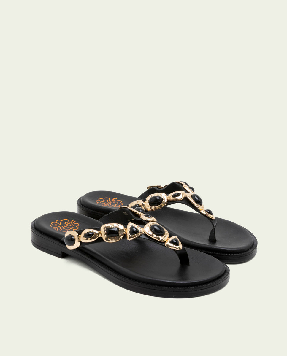 SANDALES PLATES EN CUIR ESCLAVA AVEC STRASS CARMEN NOIR