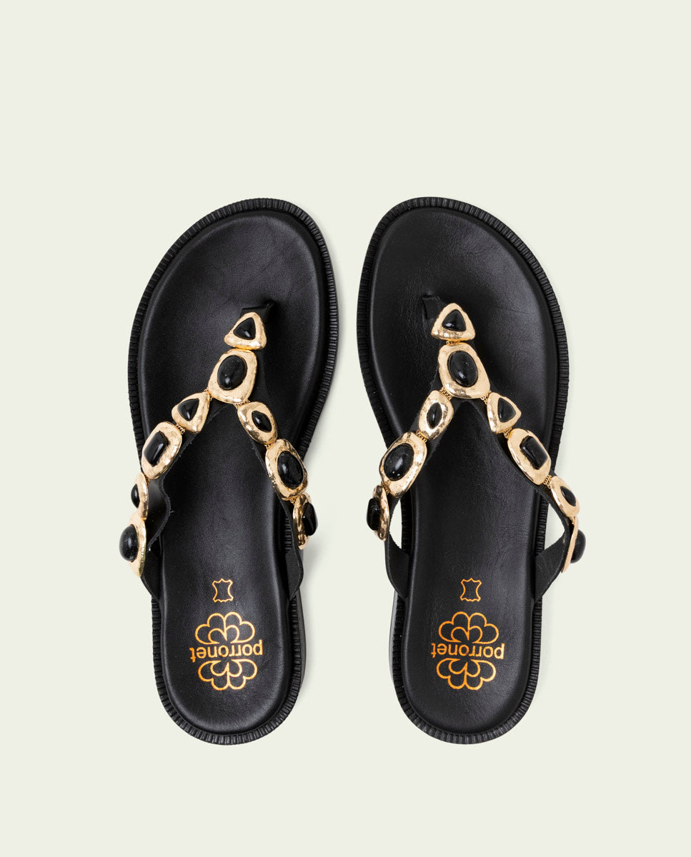 SANDALES PLATES EN CUIR ESCLAVA AVEC STRASS CARMEN NOIR