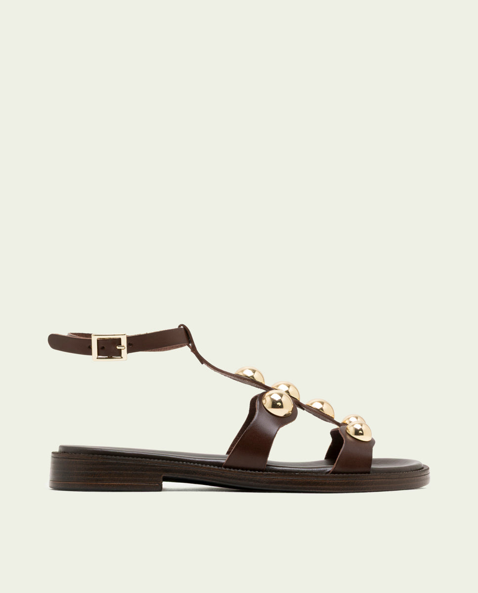 FLAT LEATHER SLAVE SANDALS WITH RHINESTONES CARMEN MOCHA
