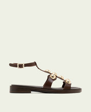 FLAT LEATHER SLAVE SANDALS WITH RHINESTONES CARMEN MOCHA