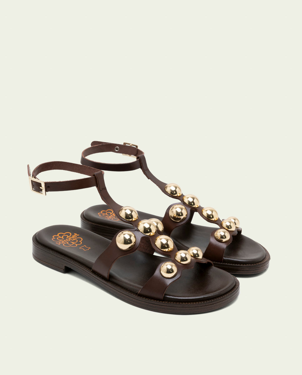 FLAT LEATHER SLAVE SANDALS WITH RHINESTONES CARMEN MOCHA
