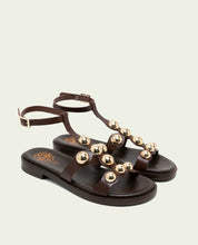 FLAT LEATHER SLAVE SANDALS WITH RHINESTONES CARMEN MOCHA
