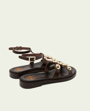 FLAT LEATHER SLAVE SANDALS WITH RHINESTONES CARMEN MOCHA