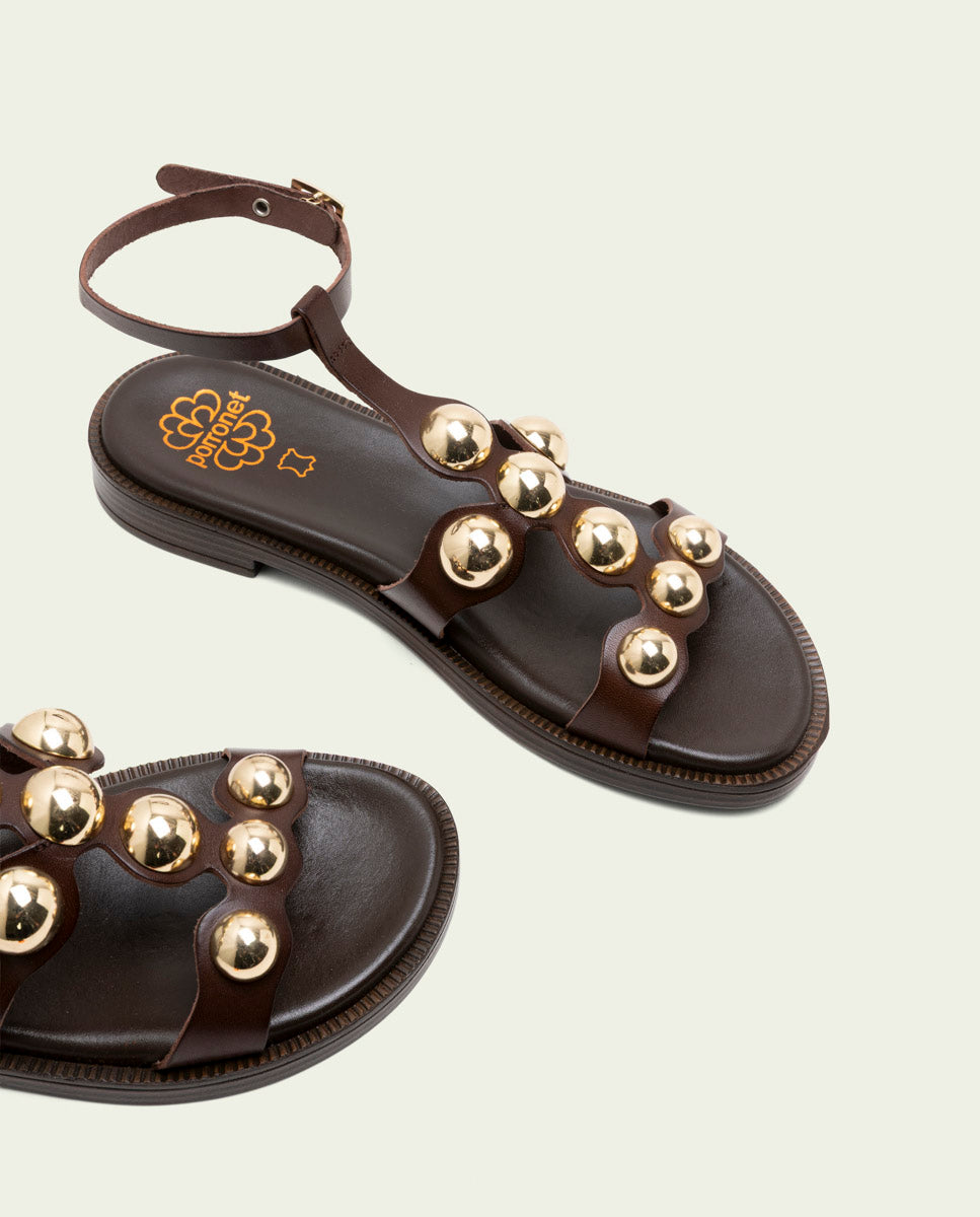 FLAT LEATHER SLAVE SANDALS WITH RHINESTONES CARMEN MOCHA