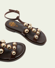 FLAT LEATHER SLAVE SANDALS WITH RHINESTONES CARMEN MOCHA
