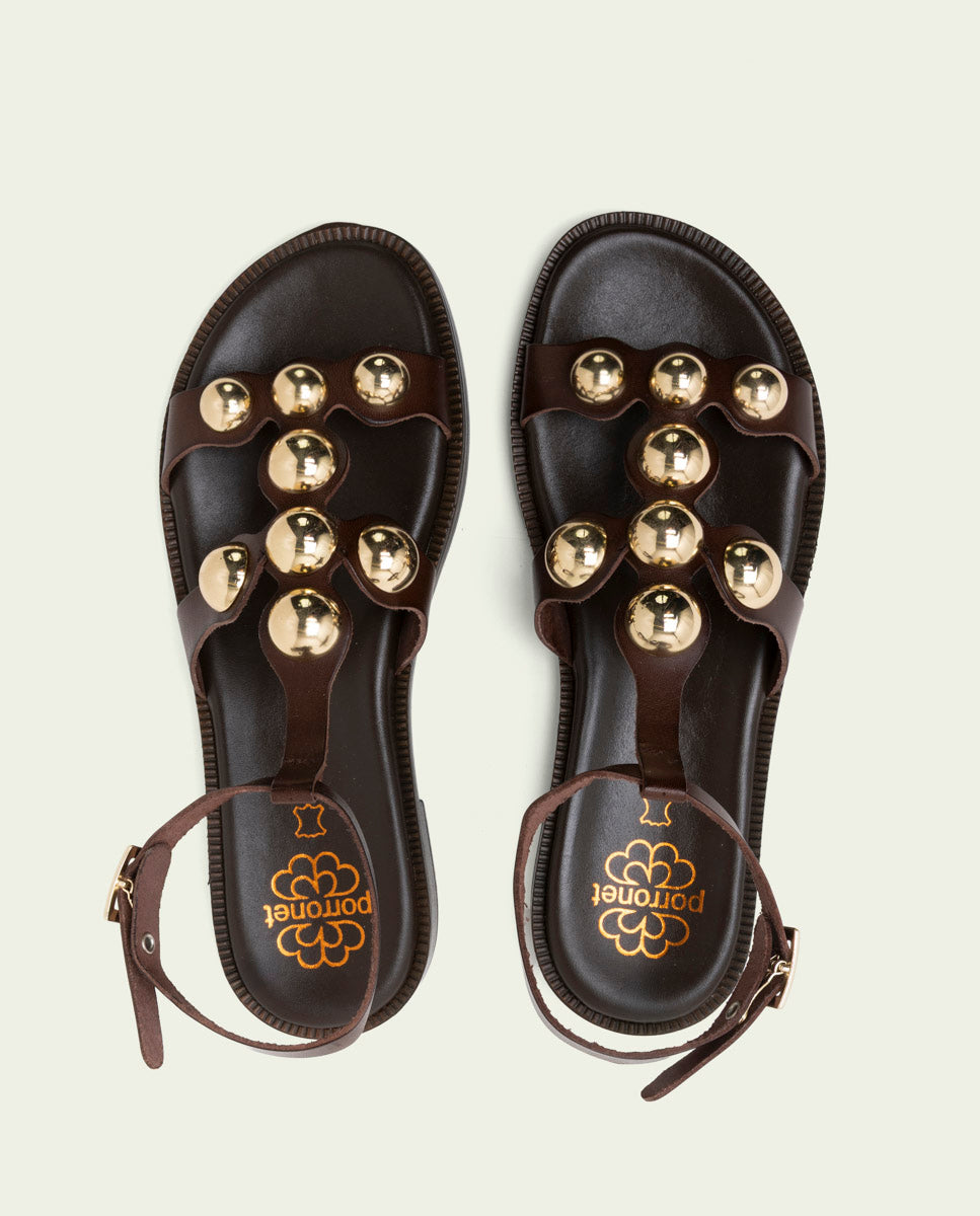 FLAT LEATHER SLAVE SANDALS WITH RHINESTONES CARMEN MOCHA