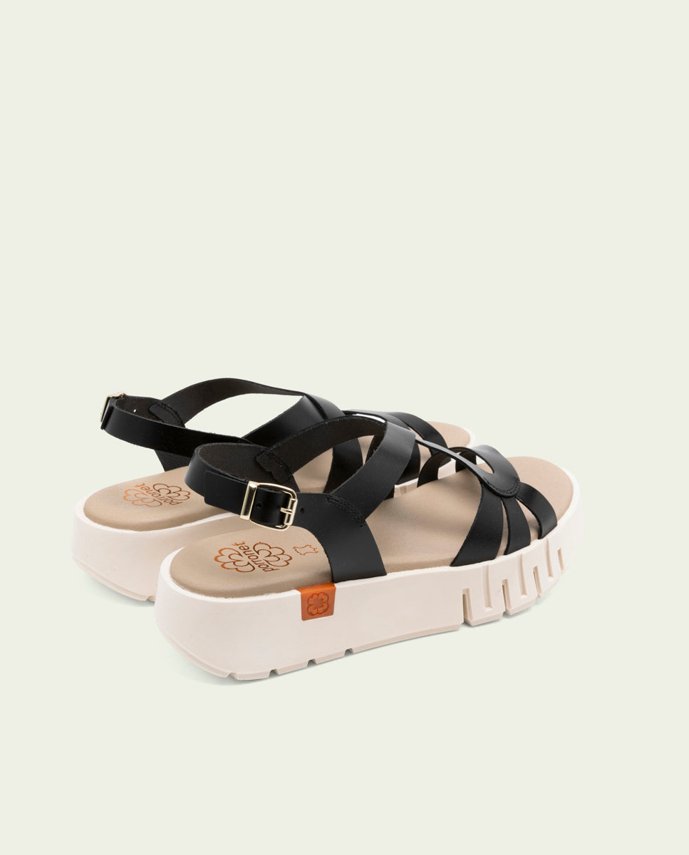 DÉBORA BLACK WEDGE HEEL LEATHER SANDALS