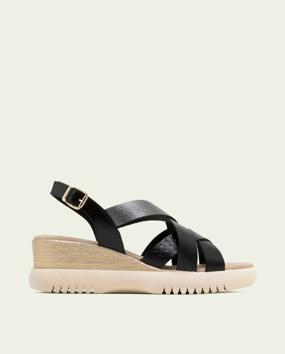 ELISA BLACK WEDGE HEEL LEATHER SANDALS