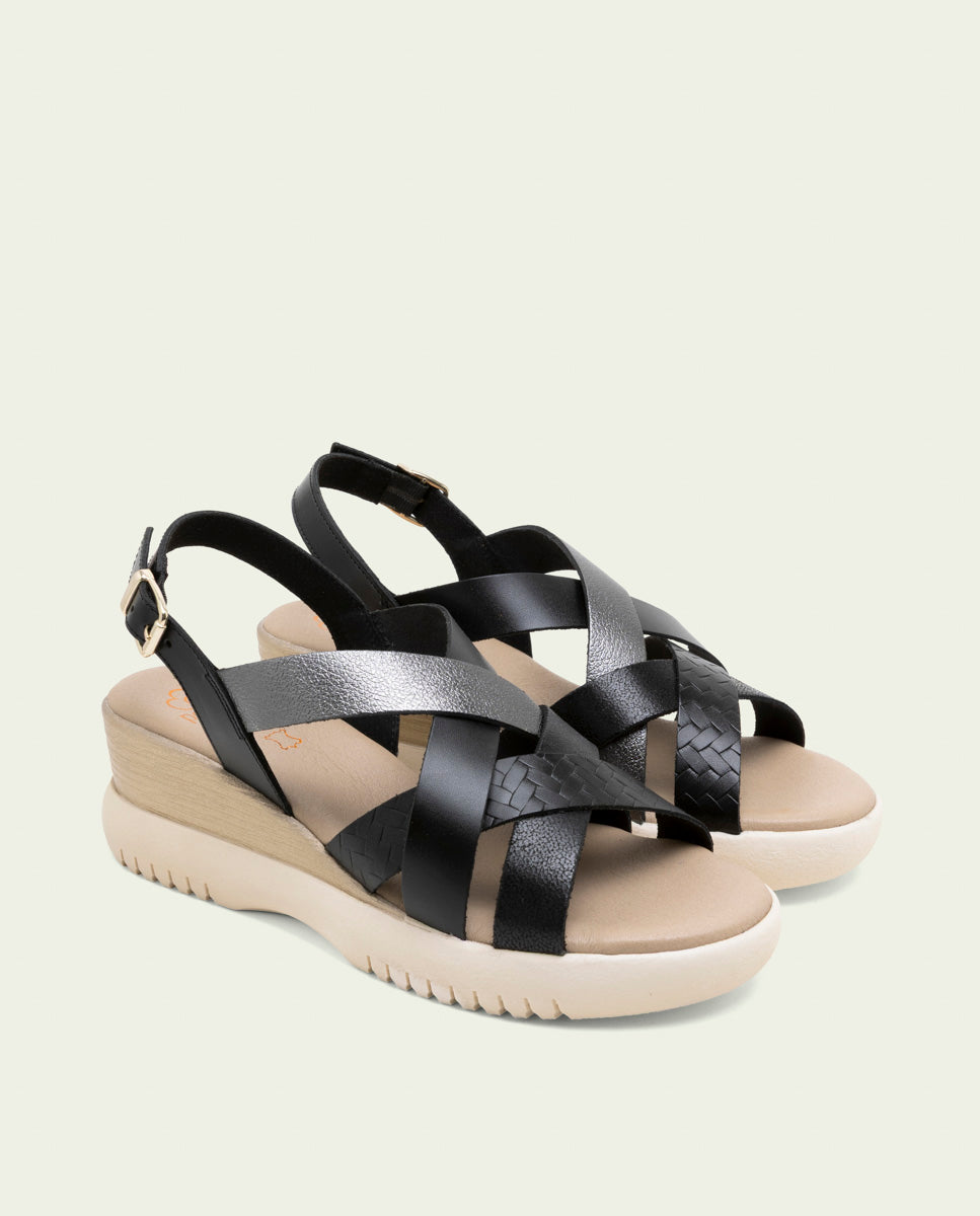 ELISA BLACK WEDGE HEEL LEATHER SANDALS