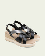 ELISA BLACK WEDGE HEEL LEATHER SANDALS