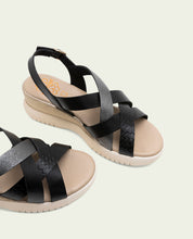 ELISA BLACK WEDGE HEEL LEATHER SANDALS