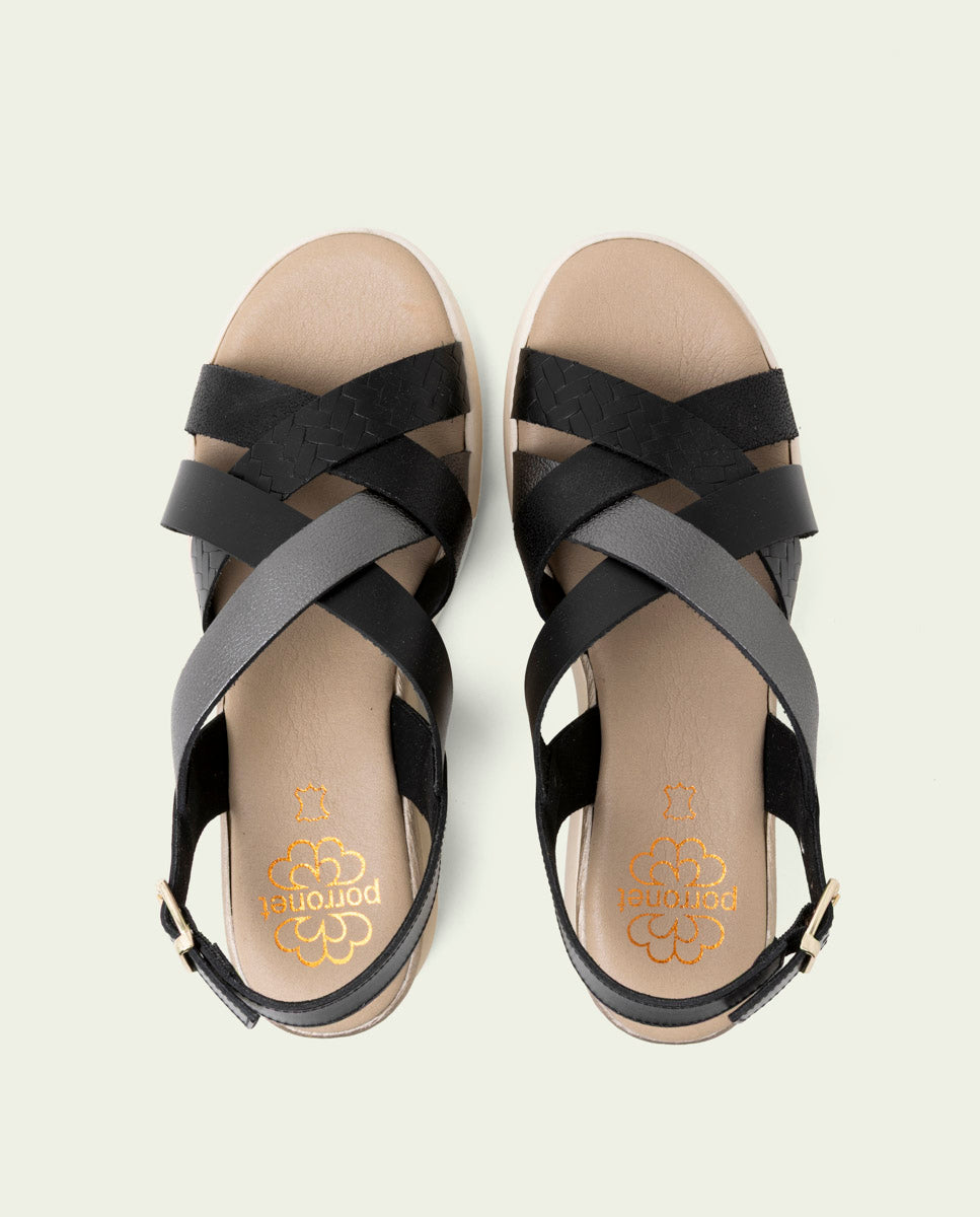 ELISA BLACK WEDGE HEEL LEATHER SANDALS