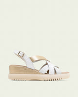 ELISA WHITE GOLD WEDGE HEEL LEATHER SANDALS