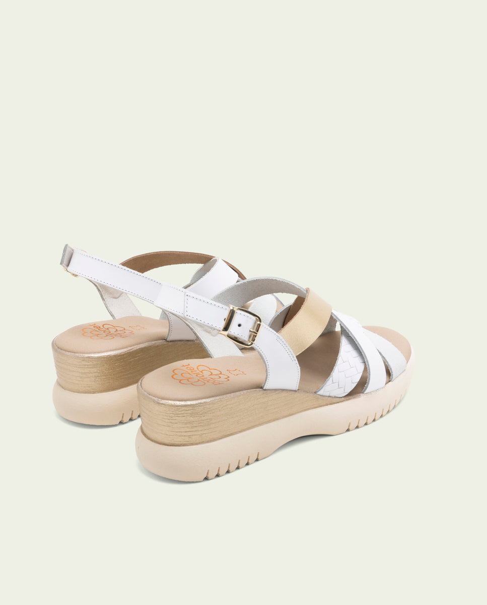 ELISA WHITE GOLD WEDGE HEEL LEATHER SANDALS
