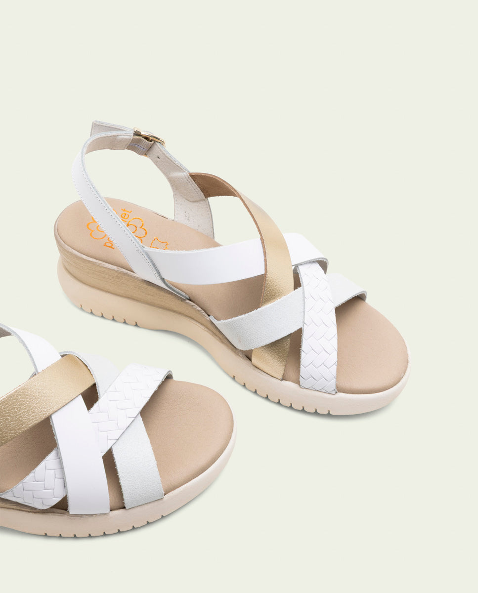 ELISA WHITE GOLD WEDGE HEEL LEATHER SANDALS