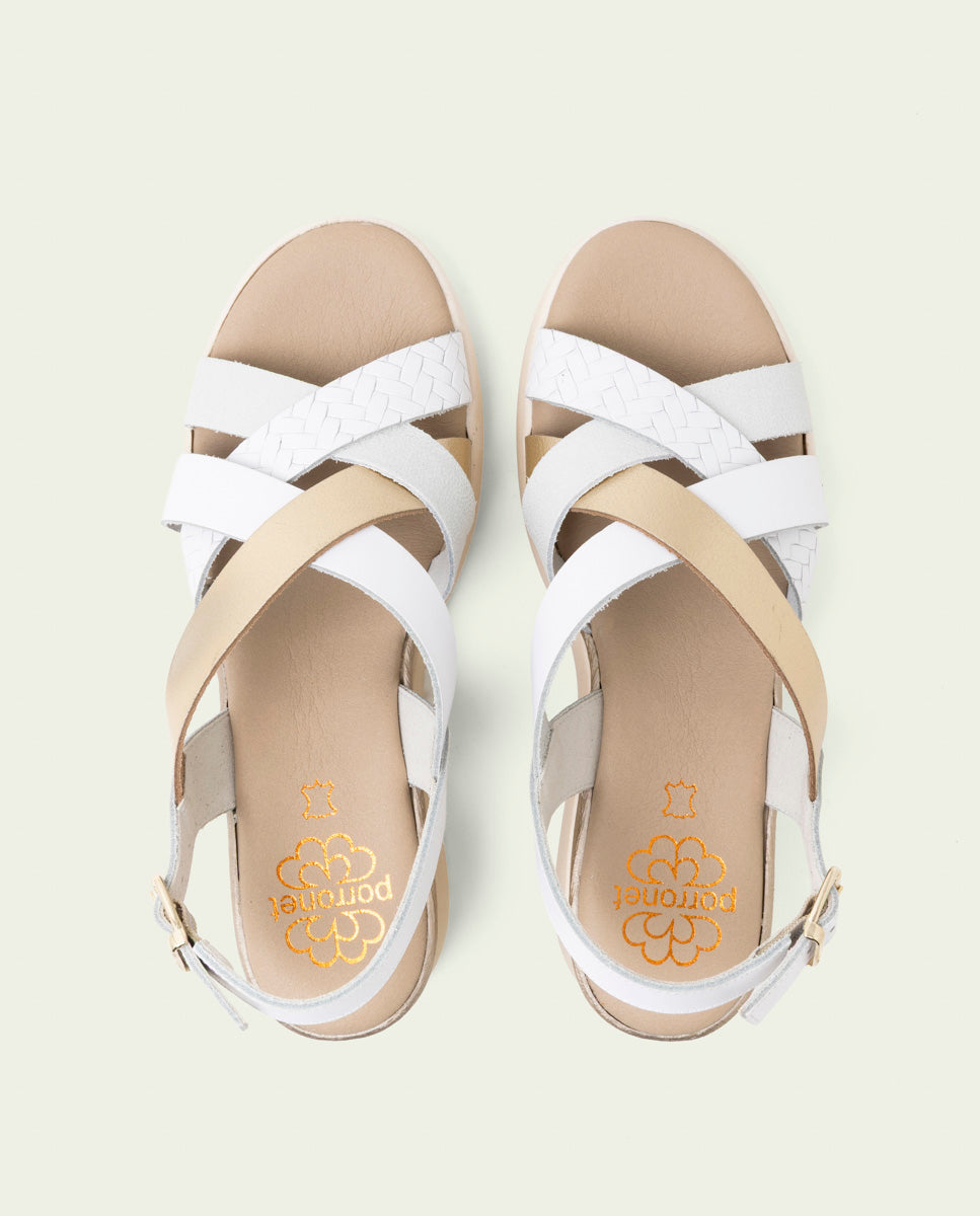 ELISA WHITE GOLD WEDGE HEEL LEATHER SANDALS