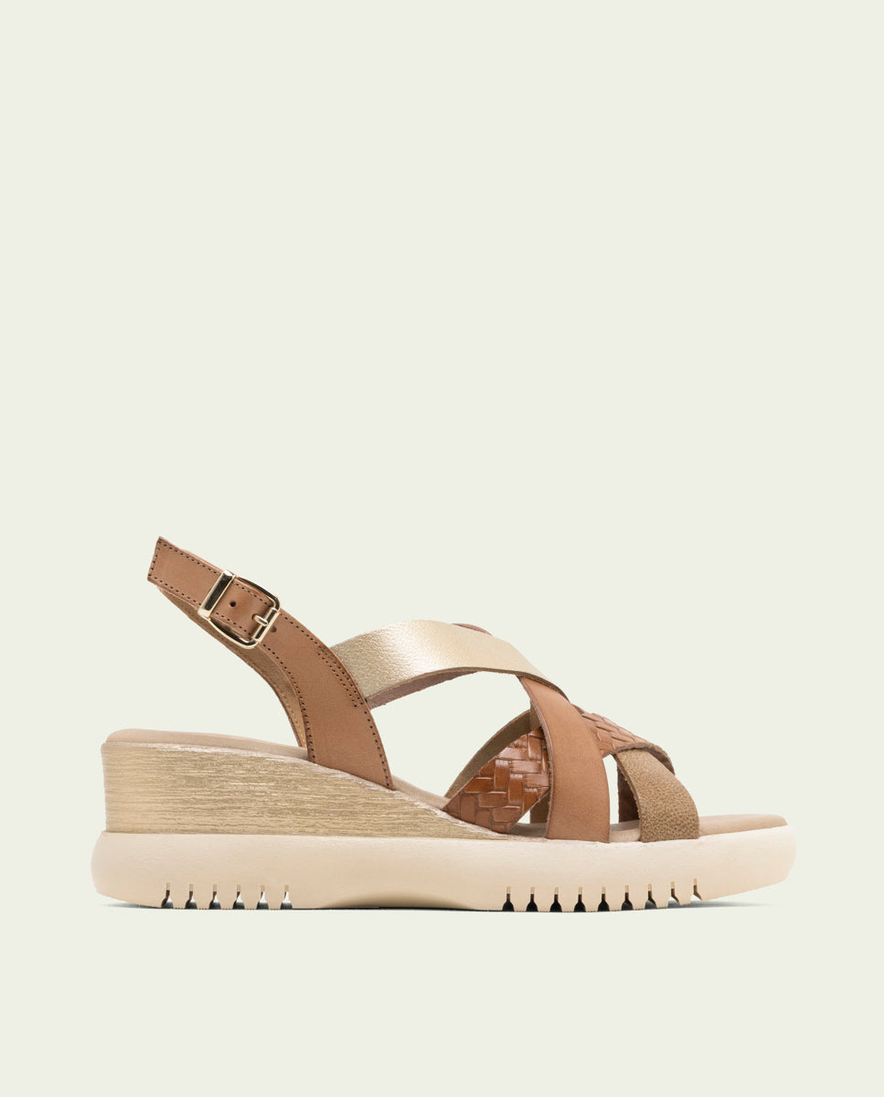 ELISA TAUPE GOLD WEDGE HEEL LEATHER SANDALS