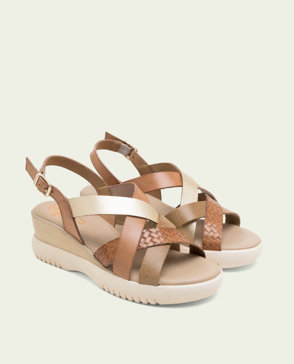 ELISA TAUPE GOLD WEDGE HEEL LEATHER SANDALS