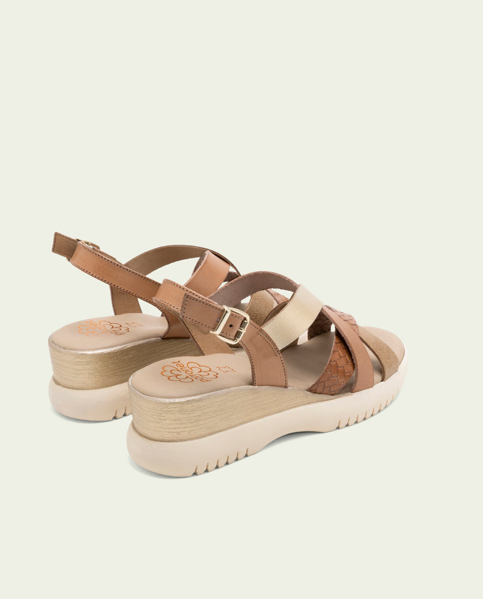 ELISA TAUPE GOLD WEDGE HEEL LEATHER SANDALS