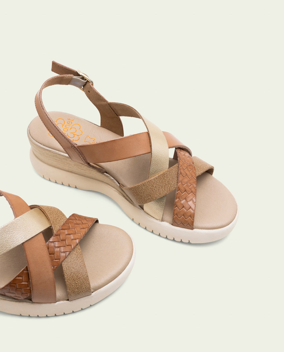 ELISA TAUPE GOLD WEDGE HEEL LEATHER SANDALS