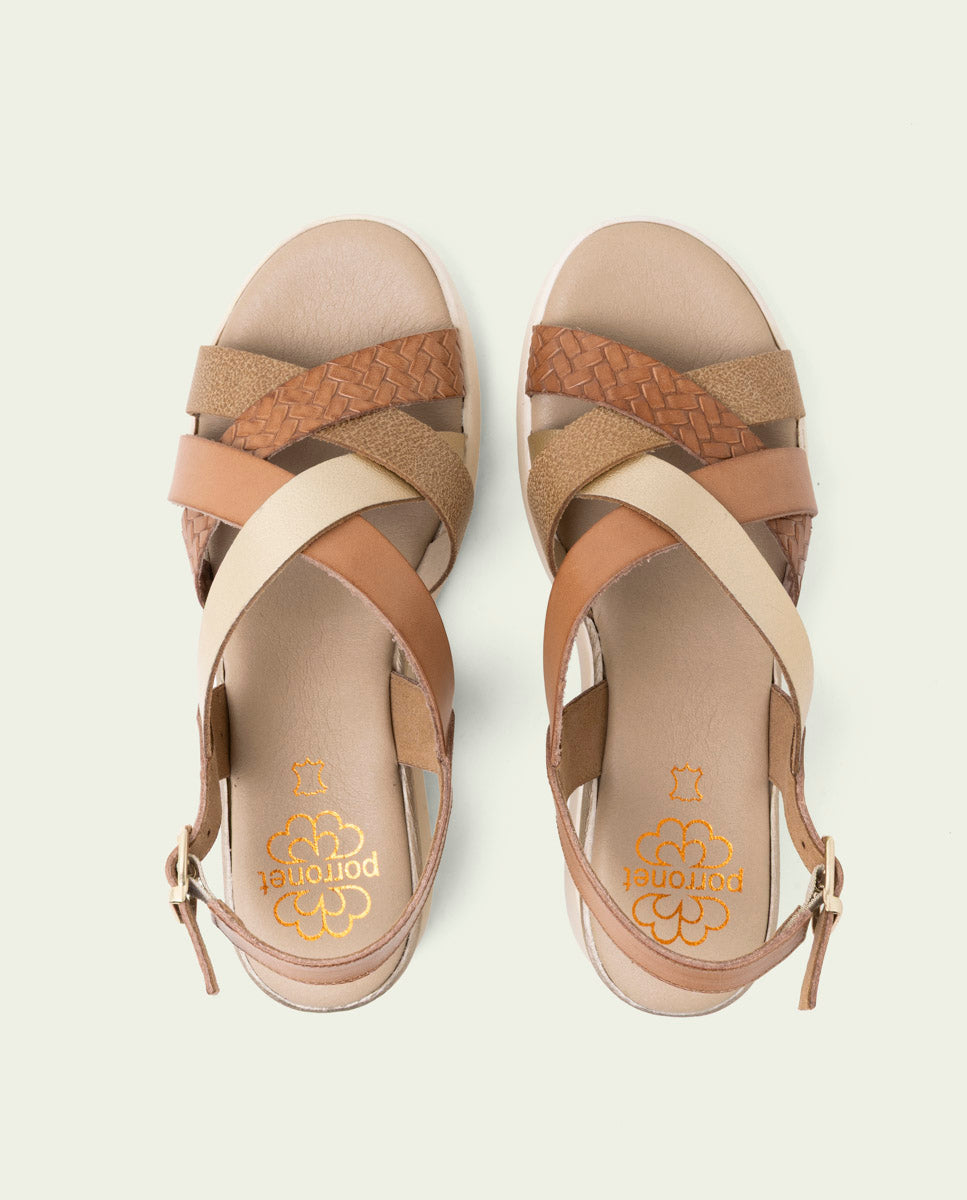 ELISA TAUPE GOLD WEDGE HEEL LEATHER SANDALS