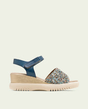 ELISA BLUE WEDGE HEEL LEATHER AND FABRIC SANDALS