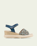 ELISA BLUE WEDGE HEEL LEATHER AND FABRIC SANDALS
