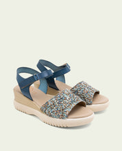 ELISA BLUE WEDGE HEEL LEATHER AND FABRIC SANDALS