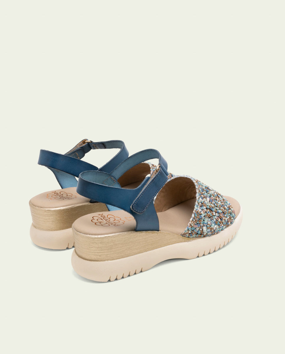 ELISA BLUE WEDGE HEEL LEATHER AND FABRIC SANDALS