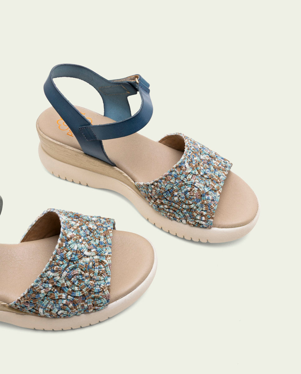 ELISA BLUE WEDGE HEEL LEATHER AND FABRIC SANDALS