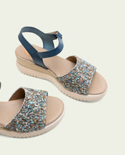 ELISA BLUE WEDGE HEEL LEATHER AND FABRIC SANDALS