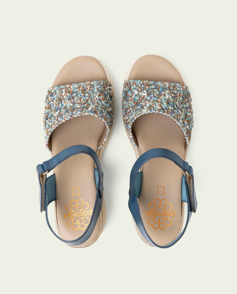 ELISA BLUE WEDGE HEEL LEATHER AND FABRIC SANDALS