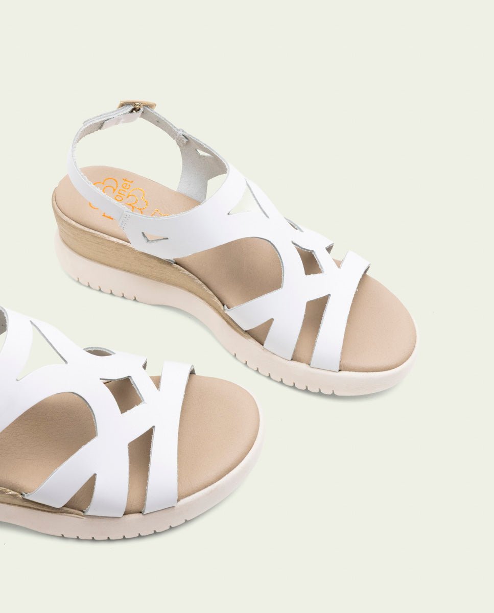 ESTELA WHITE WEDGE HEEL LEATHER SANDALS