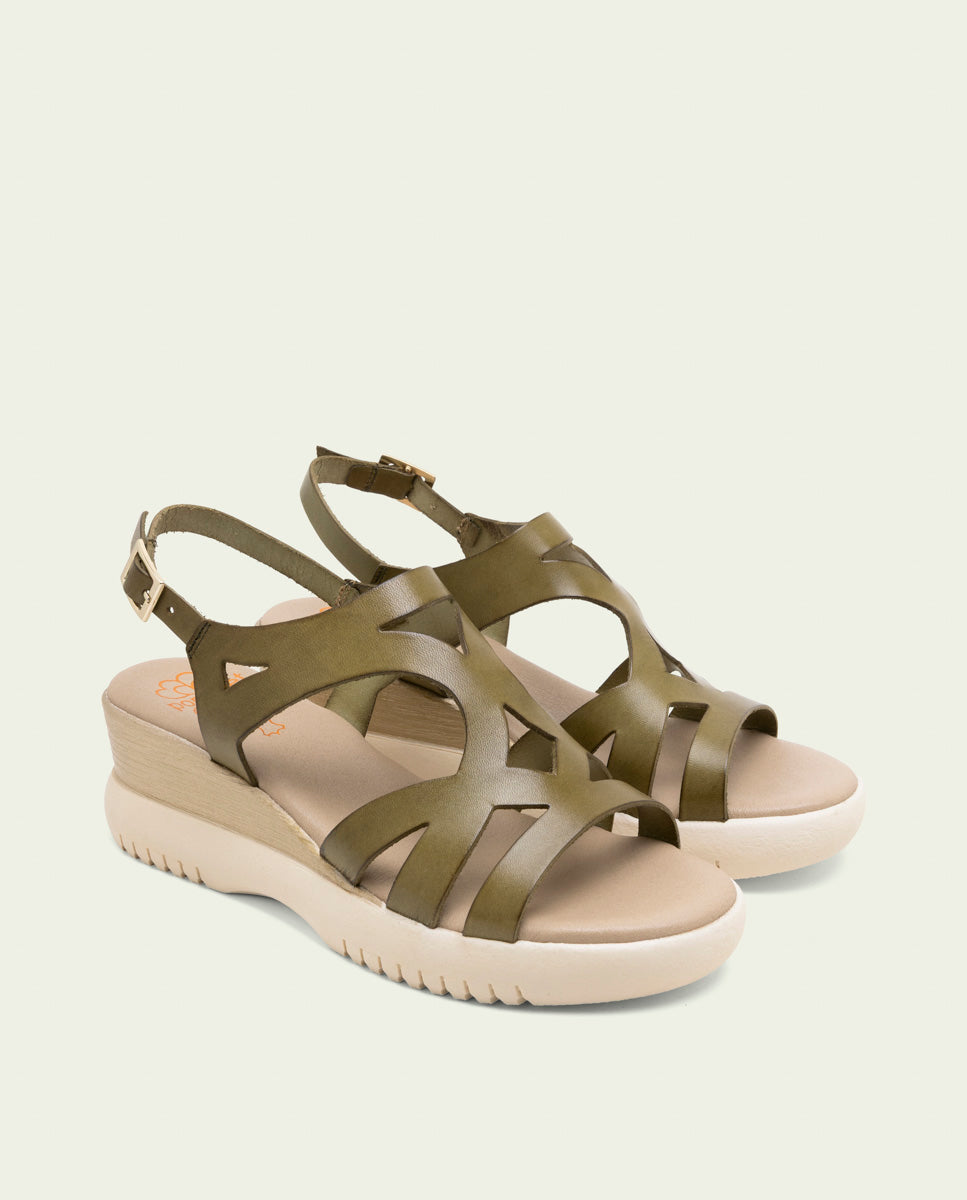 ESTELA KHAKI WEDGE HEEL LEATHER SANDALS