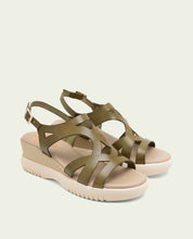 ESTELA KHAKI WEDGE HEEL LEATHER SANDALS