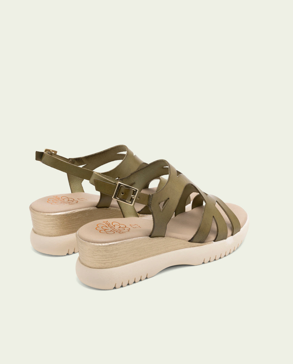 ESTELA KHAKI WEDGE HEEL LEATHER SANDALS