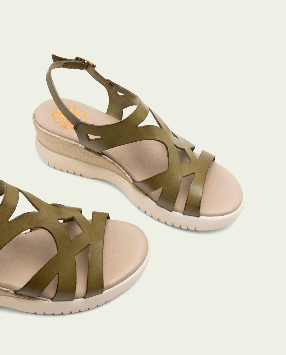 ESTELA KHAKI WEDGE HEEL LEATHER SANDALS