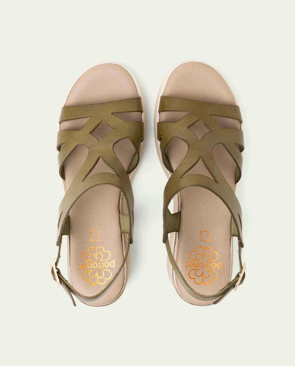 ESTELA KHAKI WEDGE HEEL LEATHER SANDALS