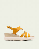 ESTELA MUSTARD WEDGE HEEL LEATHER SANDALS